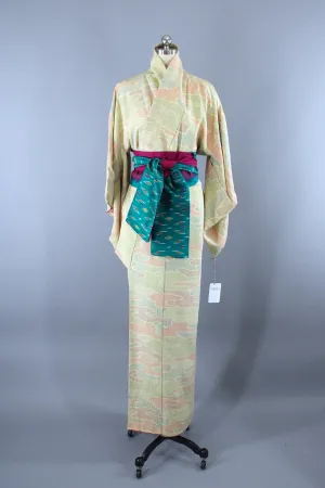 1950s Vintage Silk Kimono Robe / Yellow Magenta Tiny Print