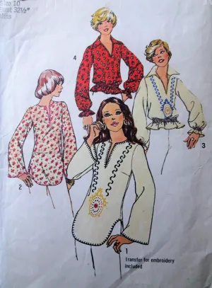 1970s FABULOUS  BoHo Blouse Tops Pattern SIMPLICITY 6777 Four Versions, Includes Embroidery Transfer, Bust32 Vintage Sewing Pattern