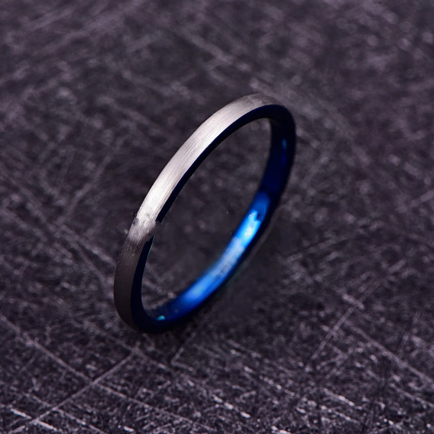 2mm Brushed Tungsten Steel Ring - Electroplated Blue & Silver, Unisex