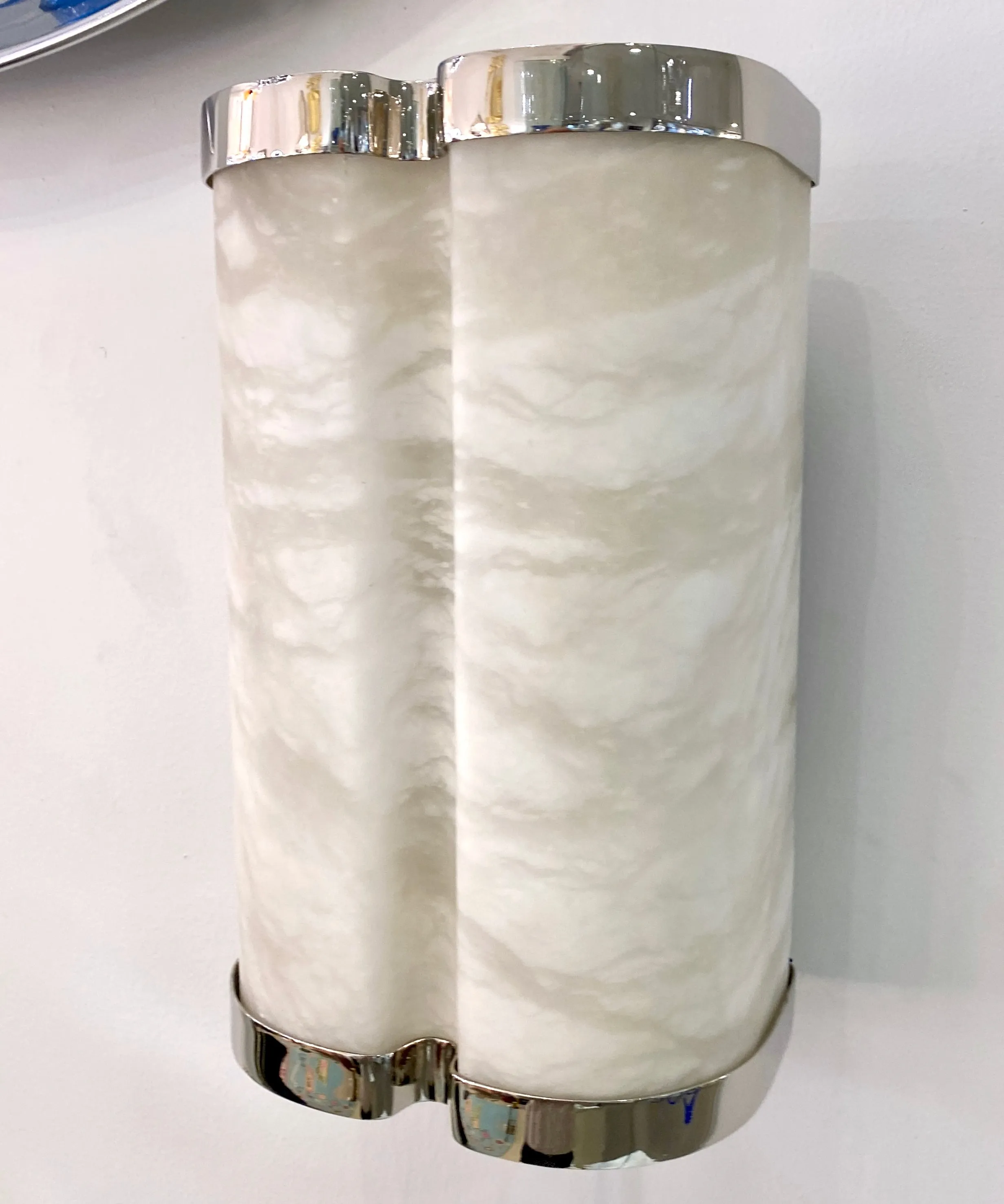 Bespoke Italian Art Deco Style Cream White Alabaster Pair Nickel Edged Sconces