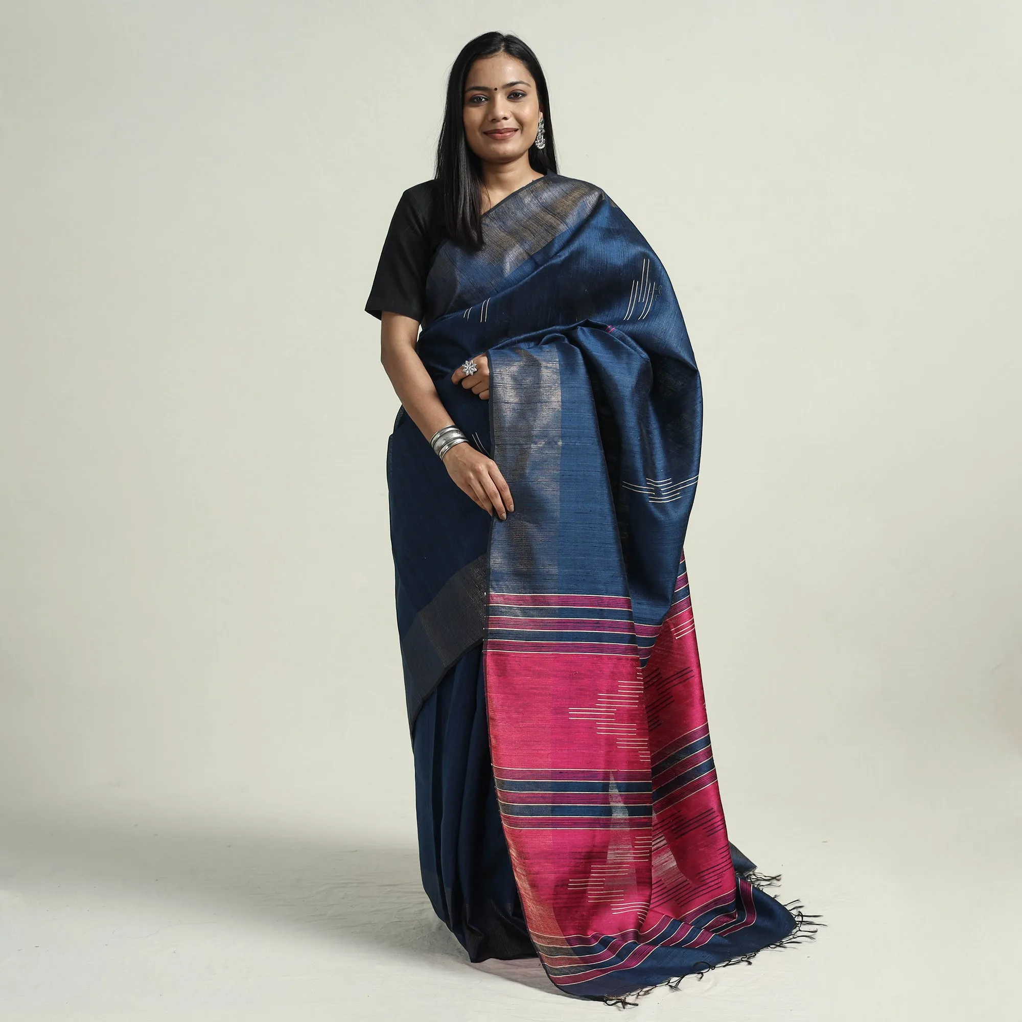 Blue - Bhagalpuri Pure Desi Tussar Silk Handloom Saree with Zari Border