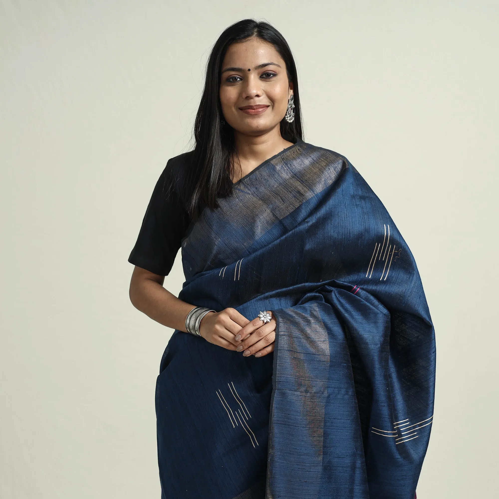 Blue - Bhagalpuri Pure Desi Tussar Silk Handloom Saree with Zari Border