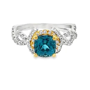 Blue Zircon and Diamonds Ring, 18Kt