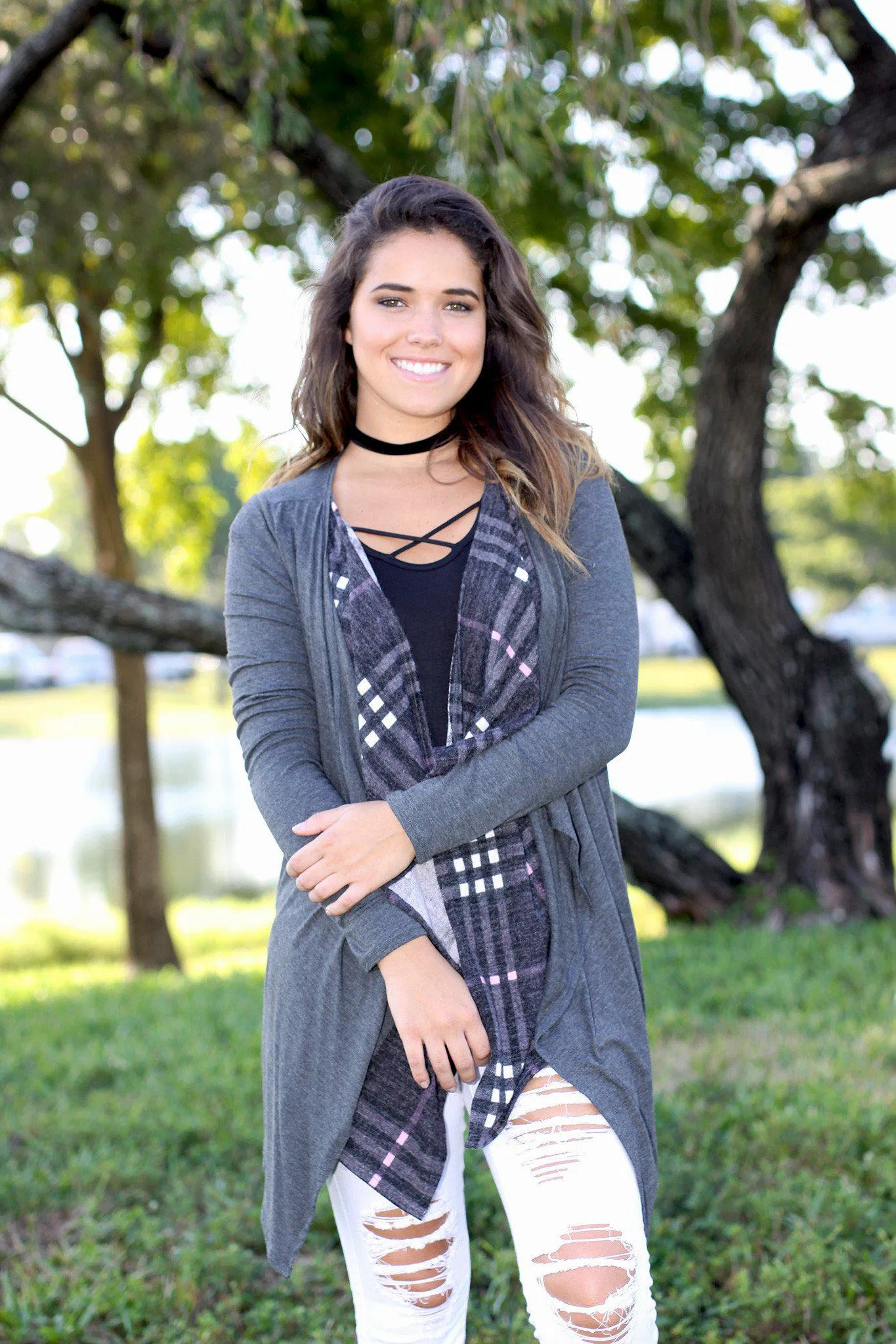 Charcoal Double Layered Plaid Cardigan