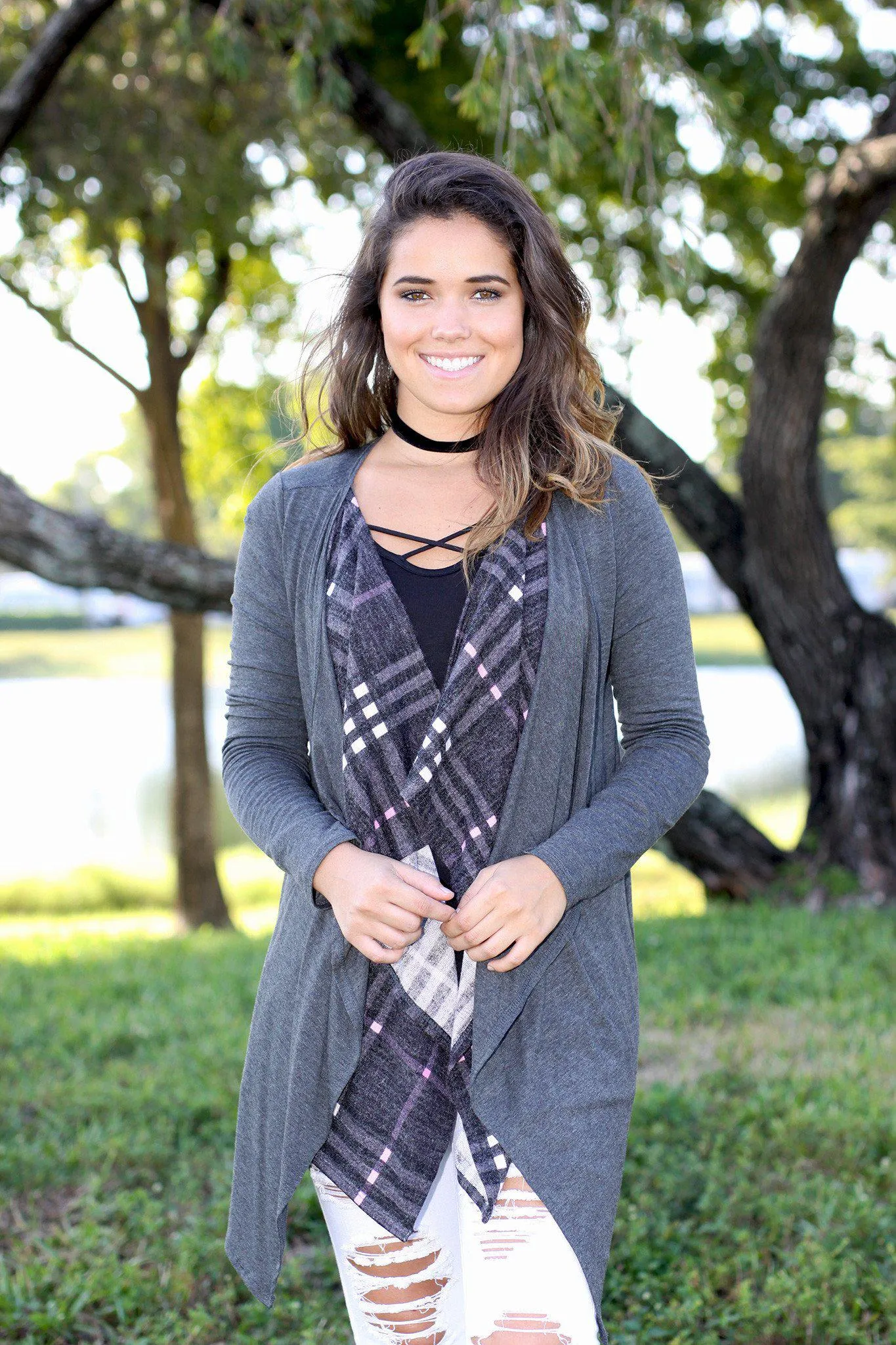 Charcoal Double Layered Plaid Cardigan