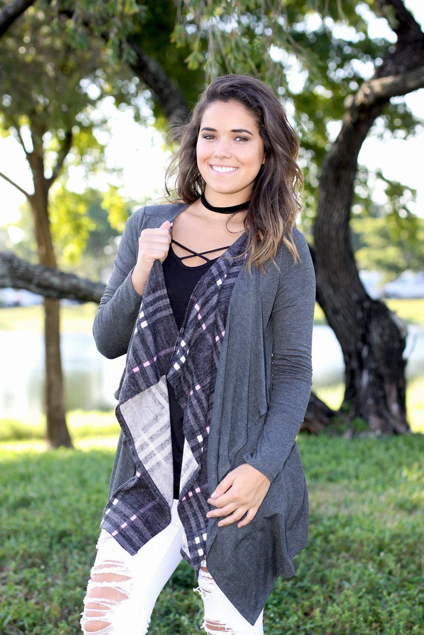 Charcoal Double Layered Plaid Cardigan