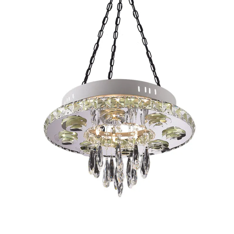 Contemporary Crystal Chandelier - White 6-Light Pendant with Circular Design and Droplets