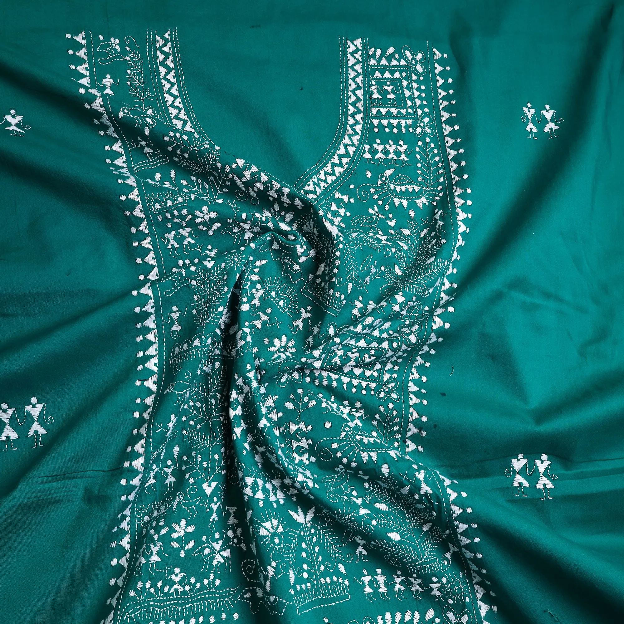 Green - Bengal Kantha Embroidery Cotton Kurta Material - (2.7m) 43