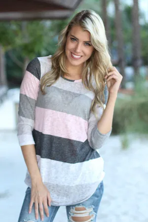 Ivory And Pink Color Block Top