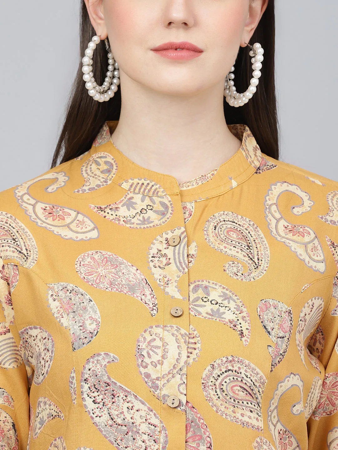 Jashvi Mastard Yellow Print Mandarin Collar Roll-Up Sleeves Shirt Style Top