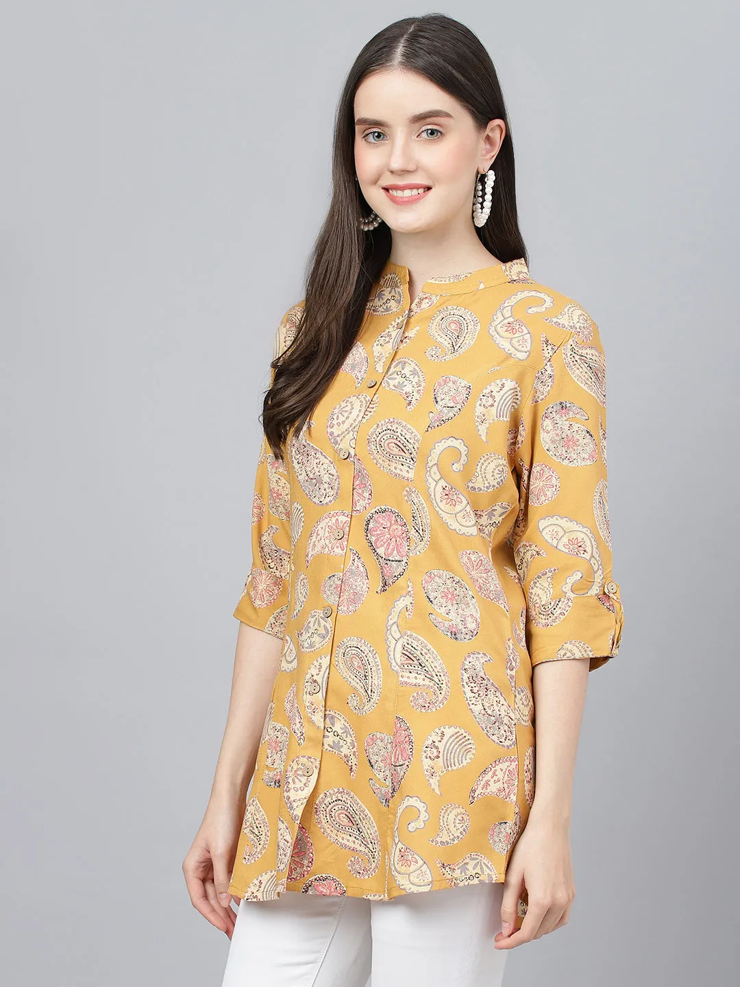 Jashvi Mastard Yellow Print Mandarin Collar Roll-Up Sleeves Shirt Style Top