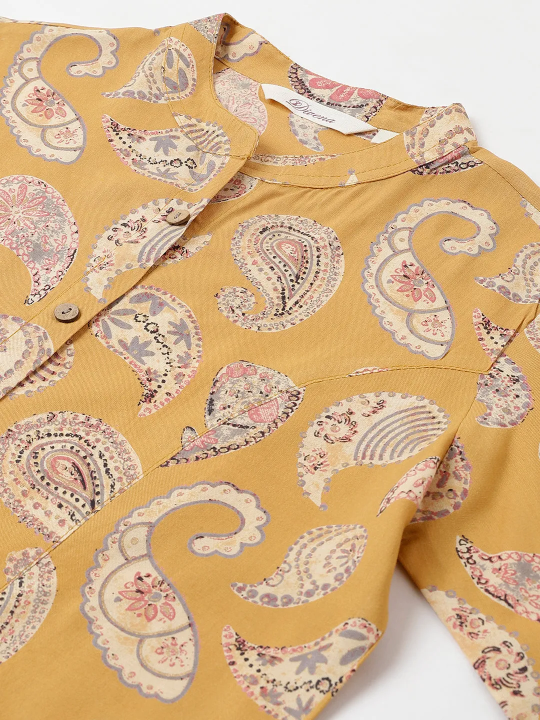 Jashvi Mastard Yellow Print Mandarin Collar Roll-Up Sleeves Shirt Style Top