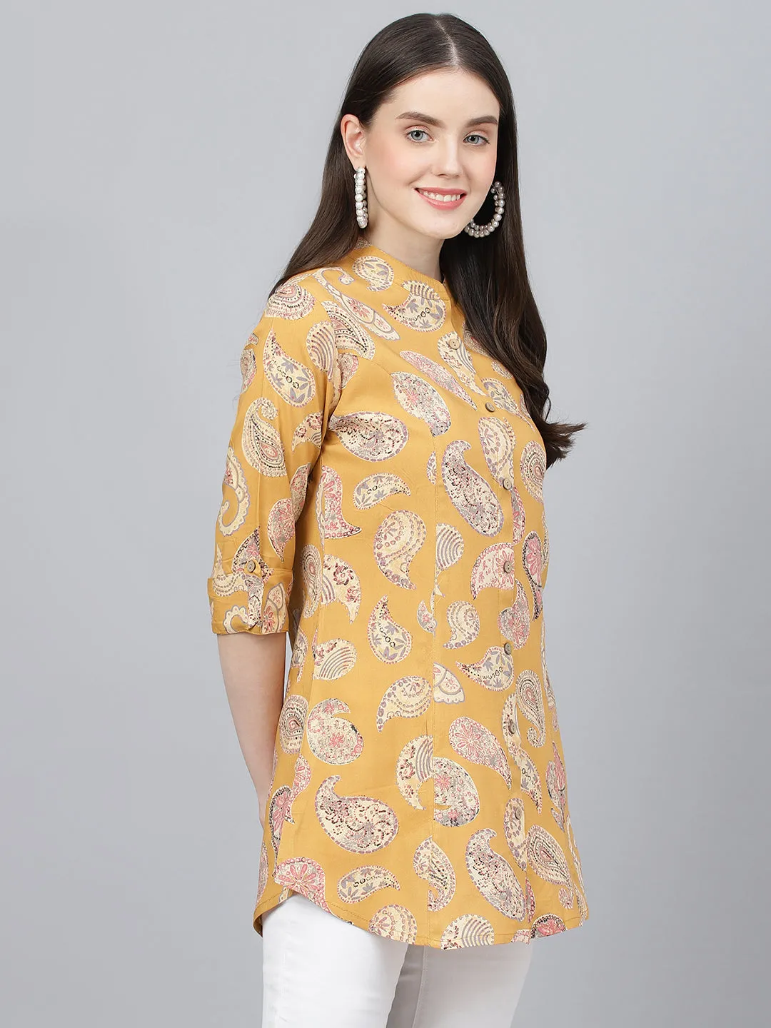 Jashvi Mastard Yellow Print Mandarin Collar Roll-Up Sleeves Shirt Style Top