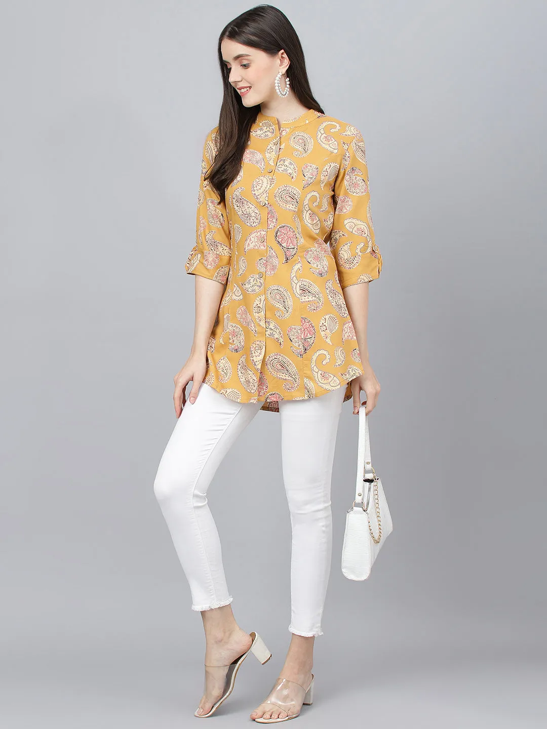 Jashvi Mastard Yellow Print Mandarin Collar Roll-Up Sleeves Shirt Style Top