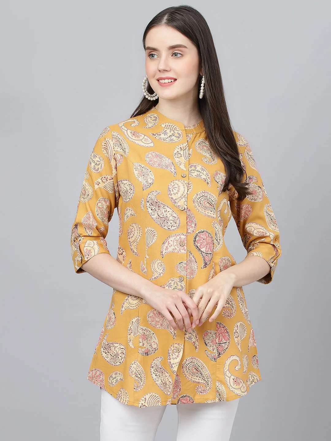 Jashvi Mastard Yellow Print Mandarin Collar Roll-Up Sleeves Shirt Style Top