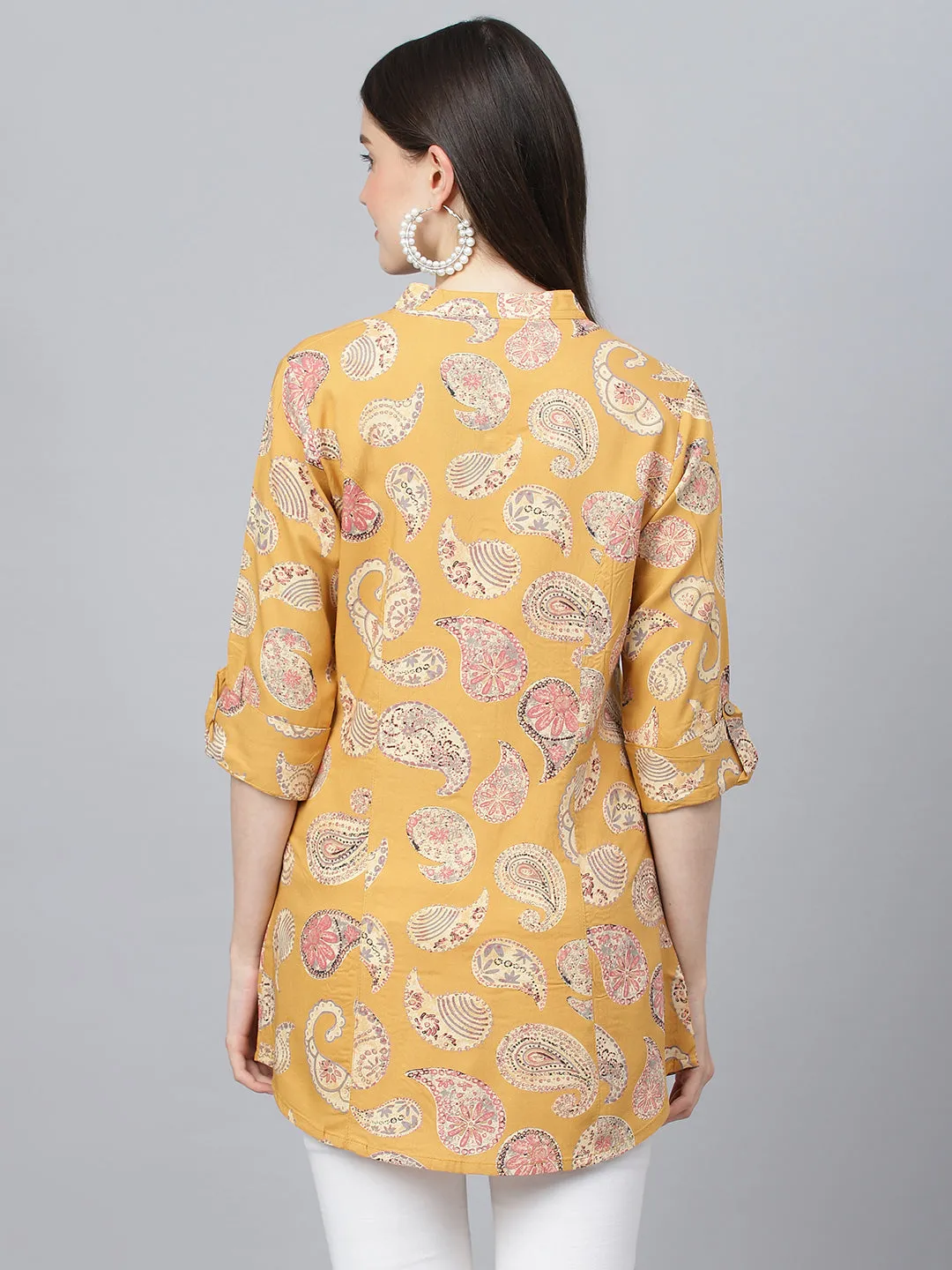 Jashvi Mastard Yellow Print Mandarin Collar Roll-Up Sleeves Shirt Style Top