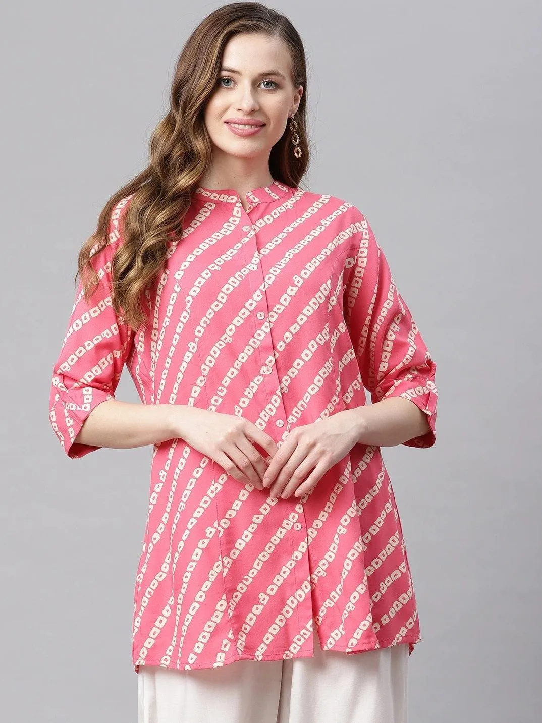 Jashvi Pink Bandhani Rayon A-line Shirt Style Top