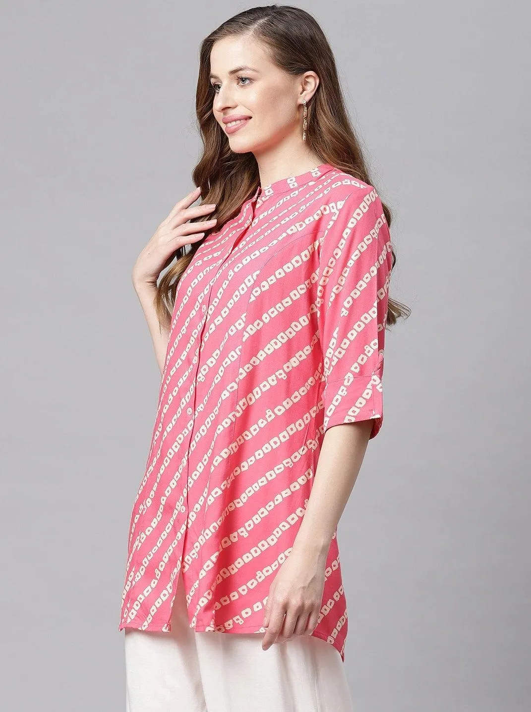 Jashvi Pink Bandhani Rayon A-line Shirt Style Top