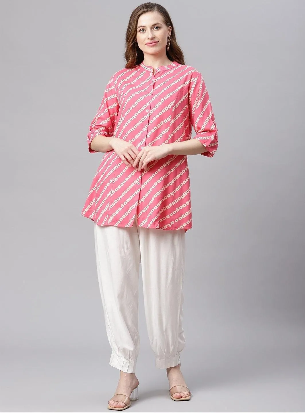 Jashvi Pink Bandhani Rayon A-line Shirt Style Top