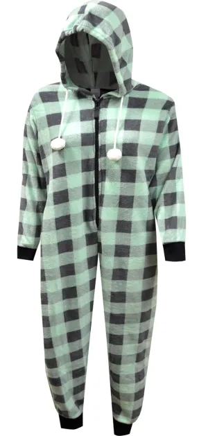 Mint Green and Gray Buffalo Plaid Print Plus Size Hooded Onesie