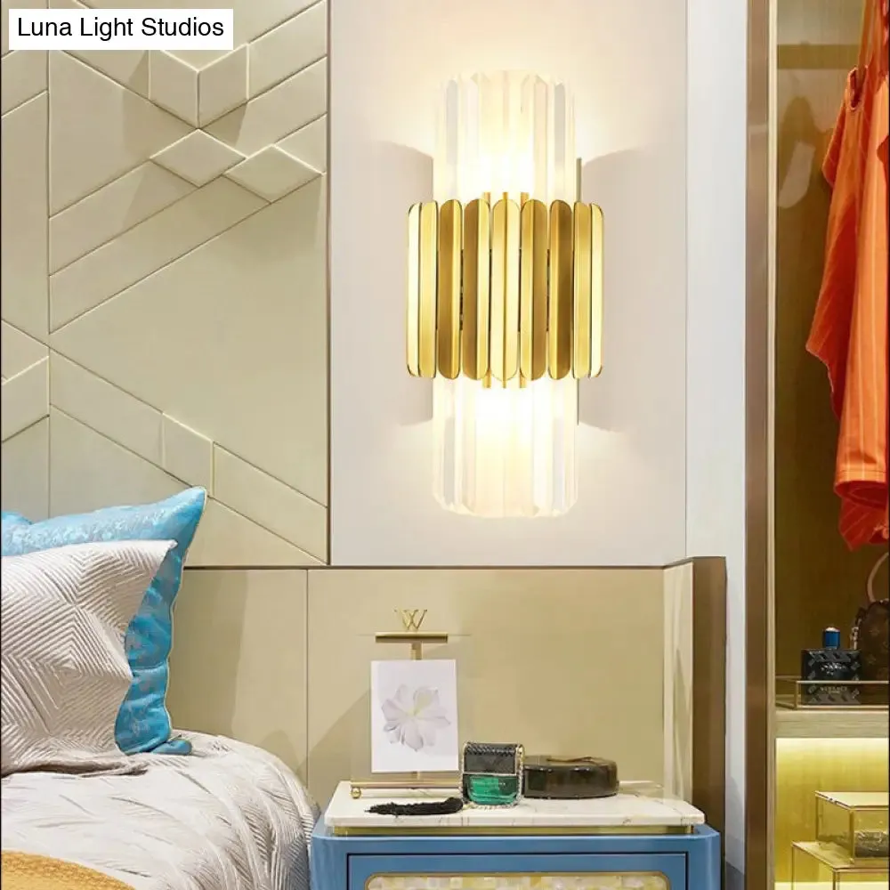 Modern Crystal Cylinder Wall Mount Lamp with 2 Gold Heads - Bedroom Wall Lighting Fixture