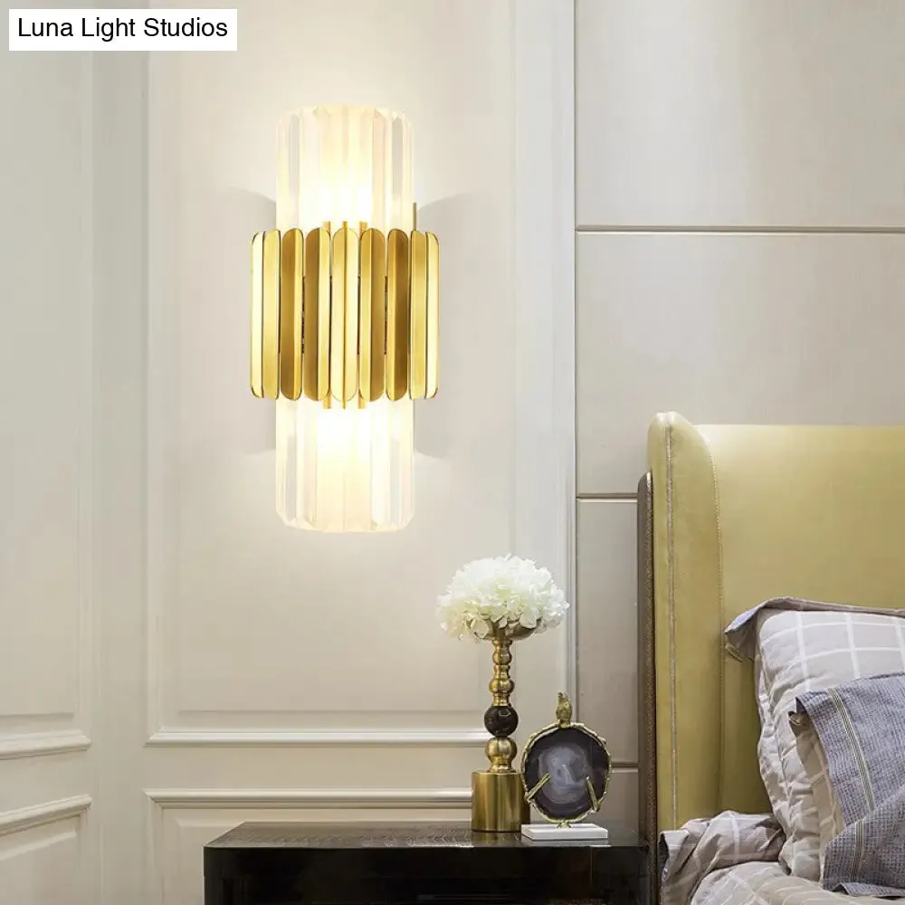 Modern Crystal Cylinder Wall Mount Lamp with 2 Gold Heads - Bedroom Wall Lighting Fixture