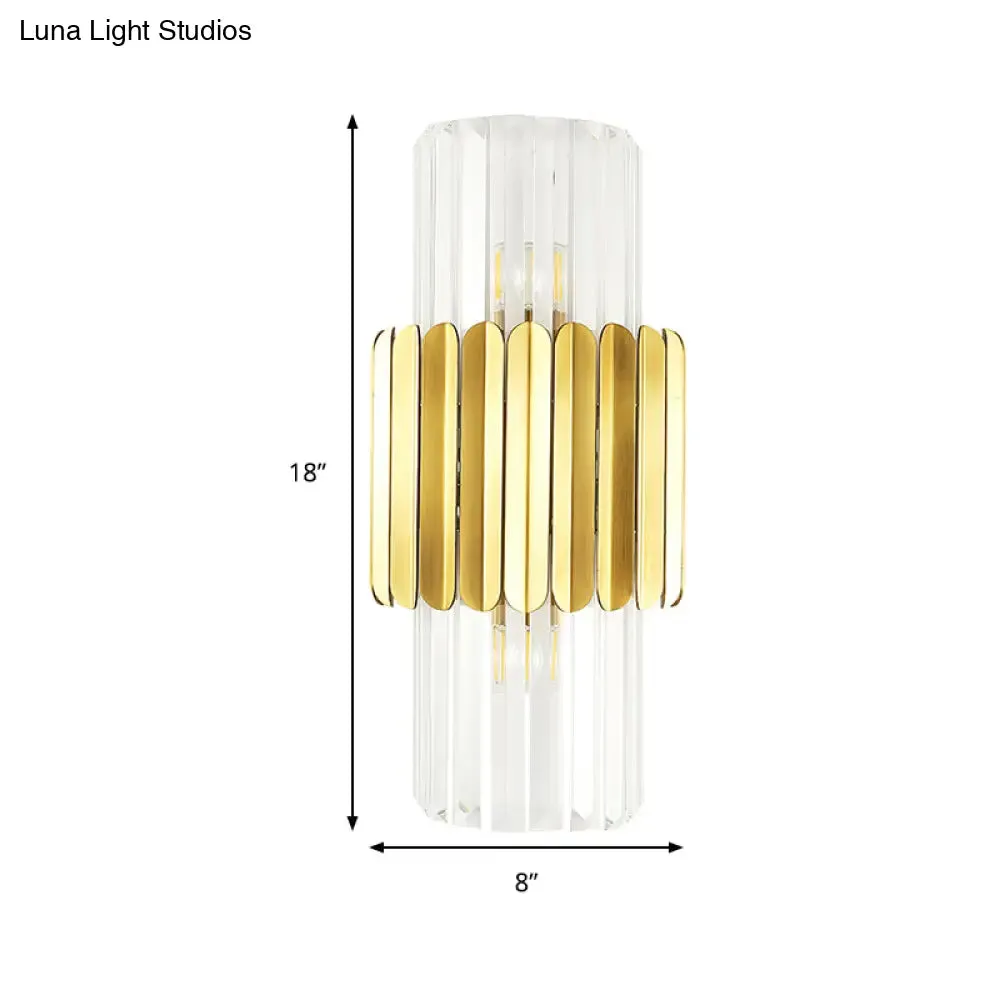 Modern Crystal Cylinder Wall Mount Lamp with 2 Gold Heads - Bedroom Wall Lighting Fixture