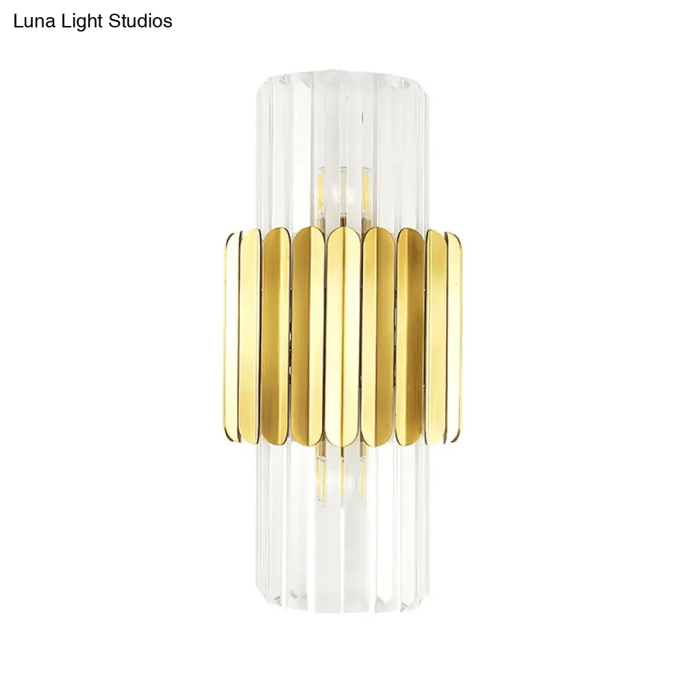 Modern Crystal Cylinder Wall Mount Lamp with 2 Gold Heads - Bedroom Wall Lighting Fixture