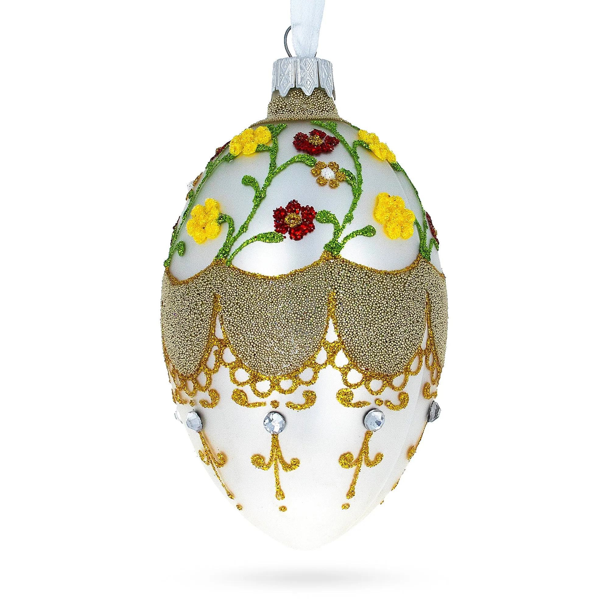 Multicolor Flowers On White Glass Egg Ornament 4 Inches