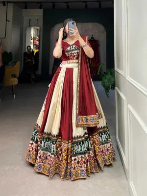 Off White Vibrant Printed Silk Lehenga with Gamthi & Mirror Work