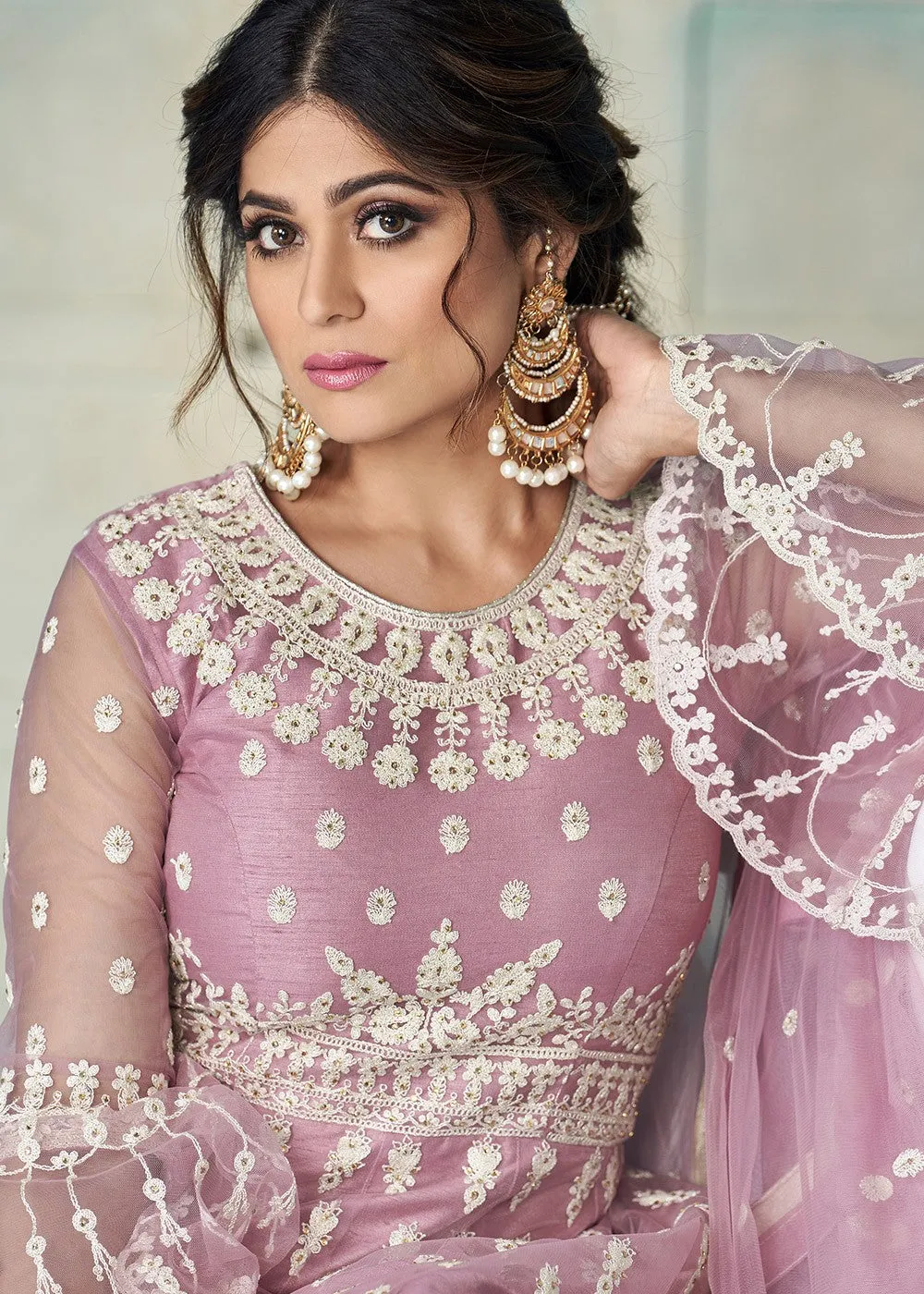 Pretty Pink Shamita Shetty Bell Sleeved Lehenga Style Sharara Suit