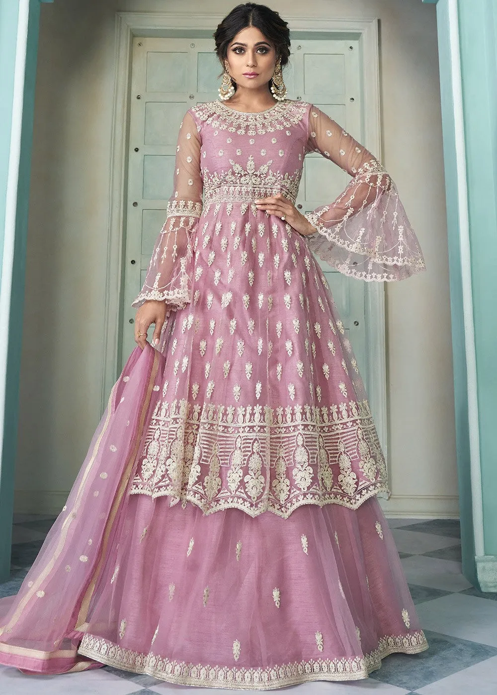 Pretty Pink Shamita Shetty Bell Sleeved Lehenga Style Sharara Suit