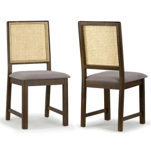 Set of 2 Baines Gray Fabric Dining Chair with High Rattan Back and Walnut Wood Legs