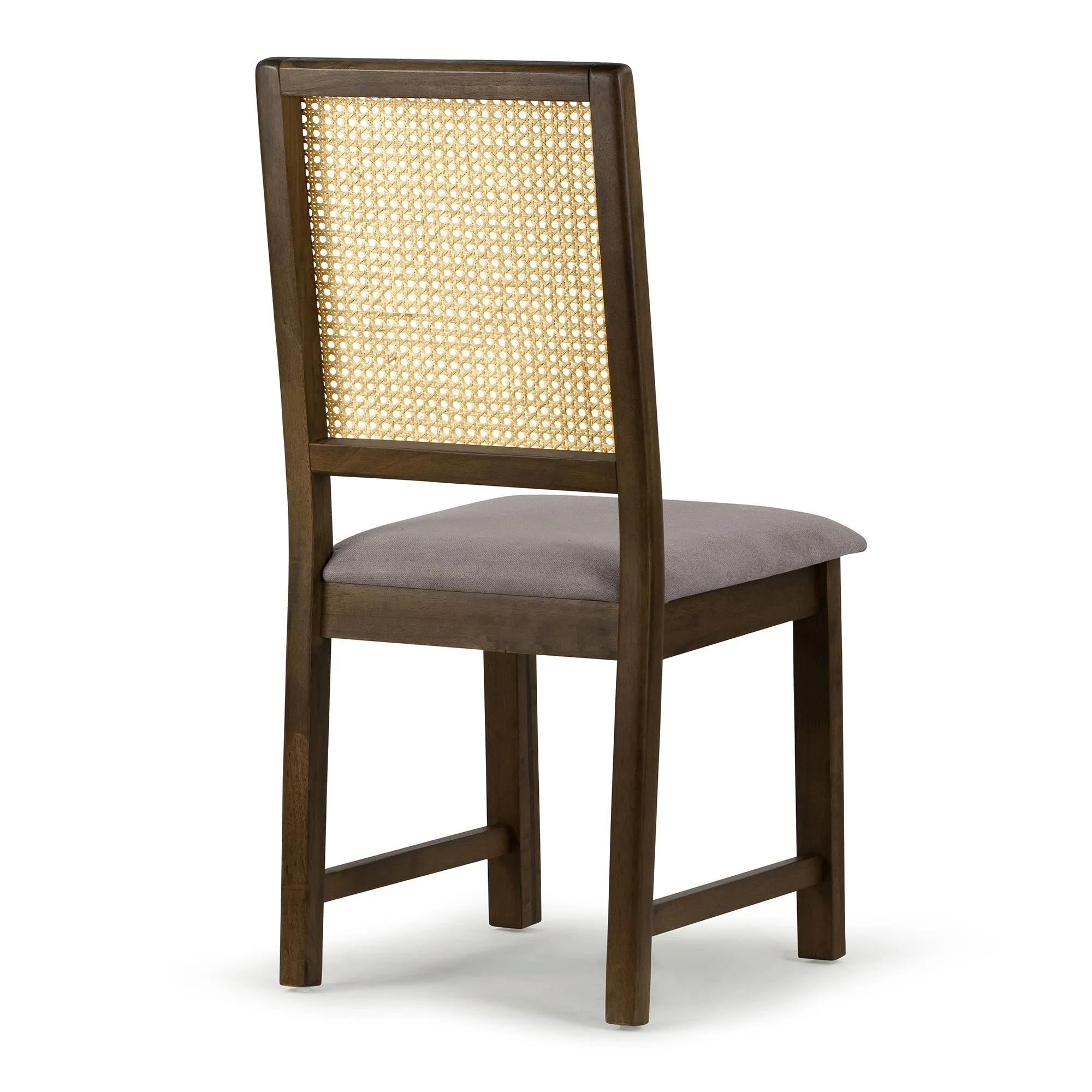 Set of 2 Baines Gray Fabric Dining Chair with High Rattan Back and Walnut Wood Legs