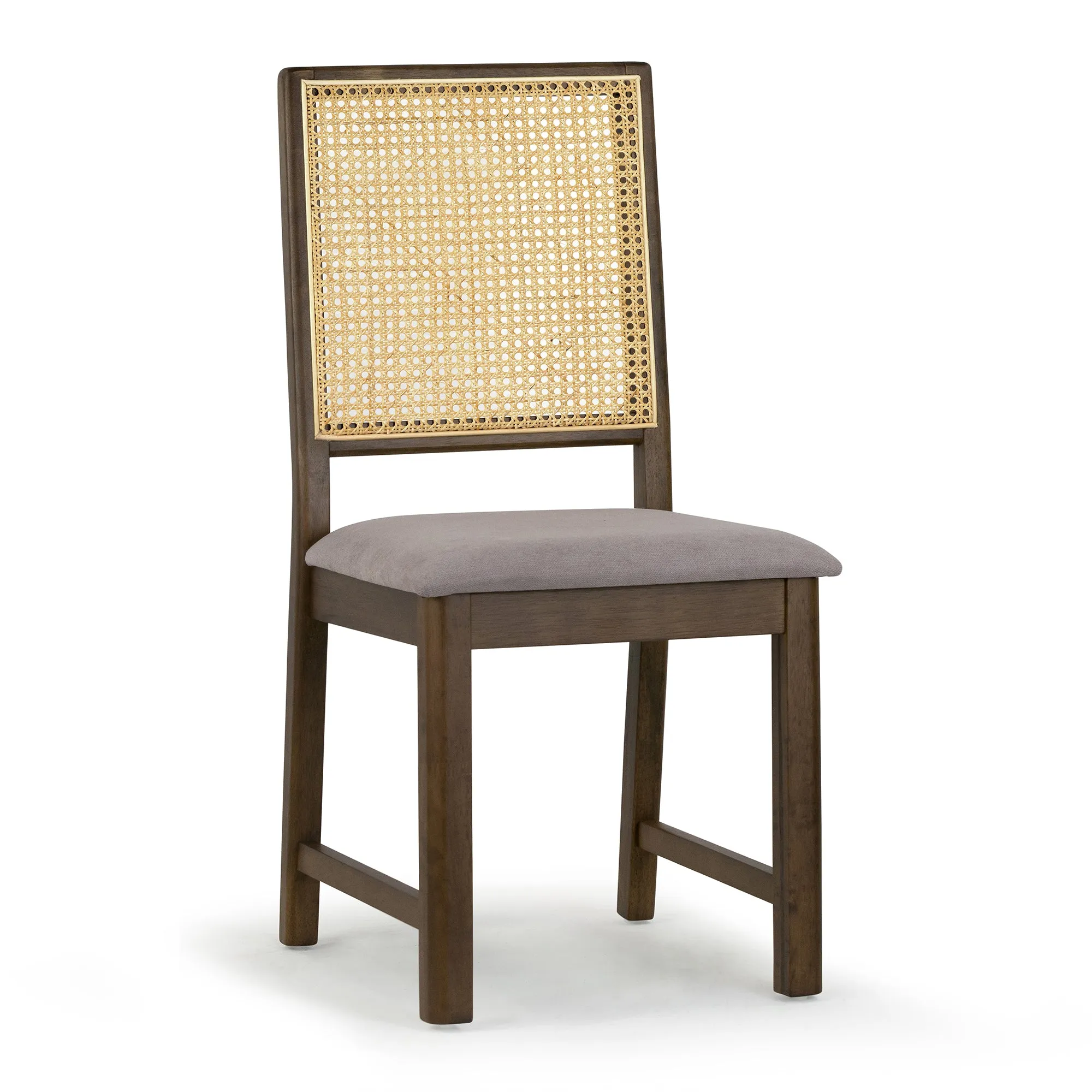 Set of 2 Baines Gray Fabric Dining Chair with High Rattan Back and Walnut Wood Legs