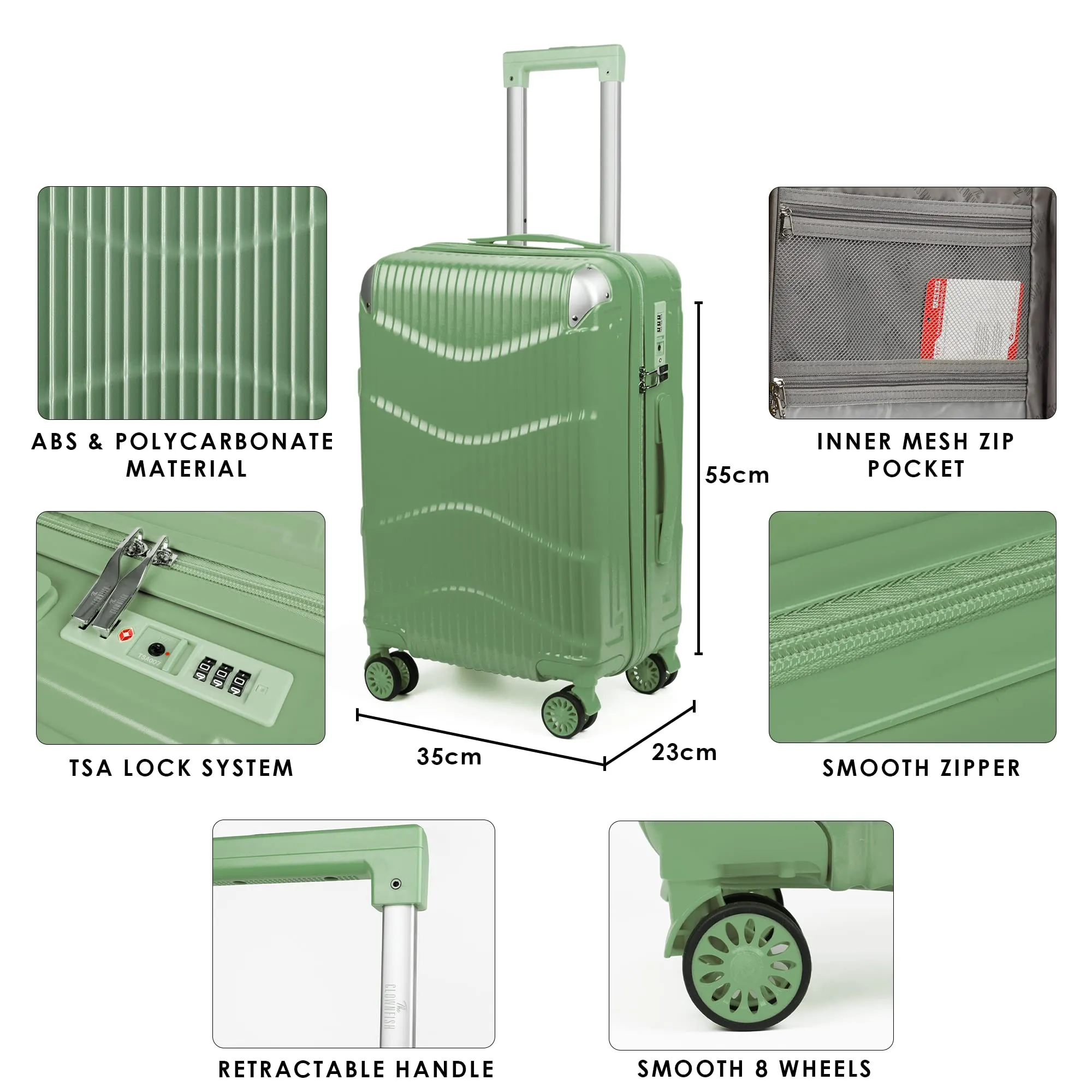 THE CLOWNFISH Ballard Series Luggage ABS & Polycarbonate Exterior Suitcase Eight Wheel Trolley Bag with TSA Lock- Green (Small size, 55 cm-22 inch)