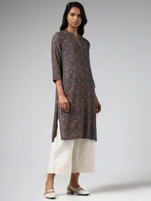 Utsa Indigo Geometric Printed & Kantha Embroidered Straight Kurta