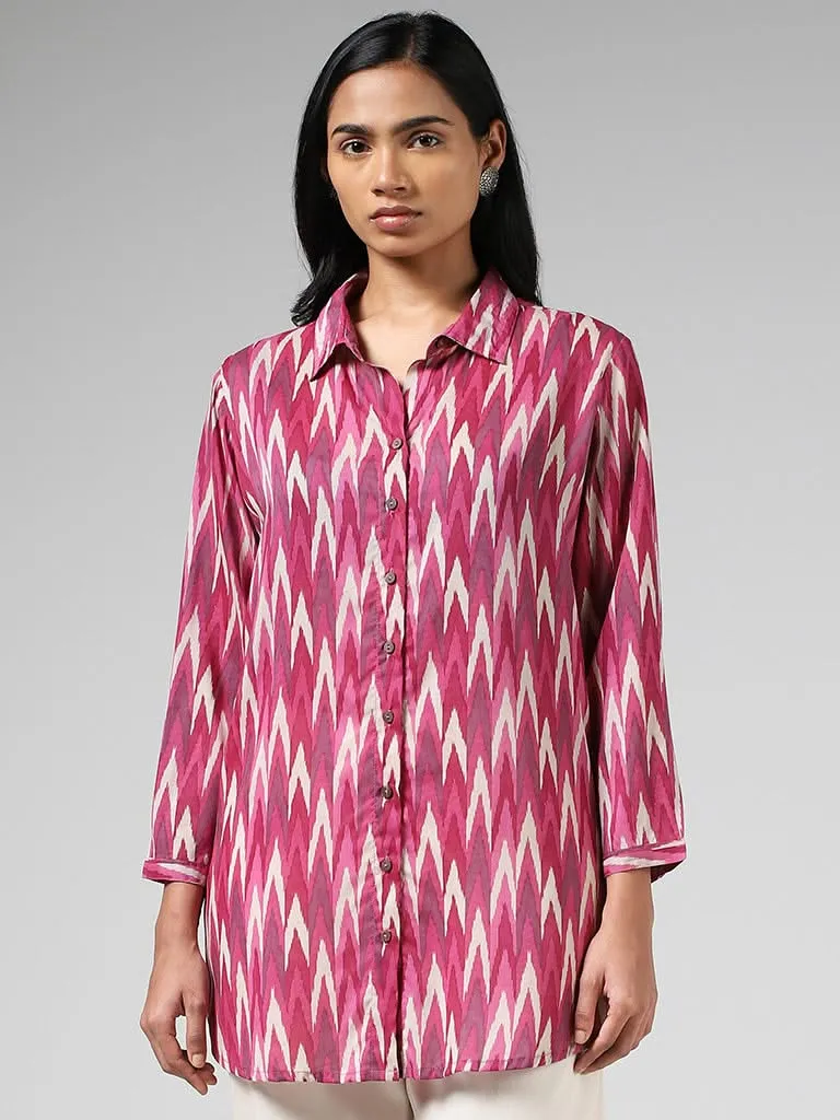 Utsa Magenta Ikkat Chevron Printed Shirt