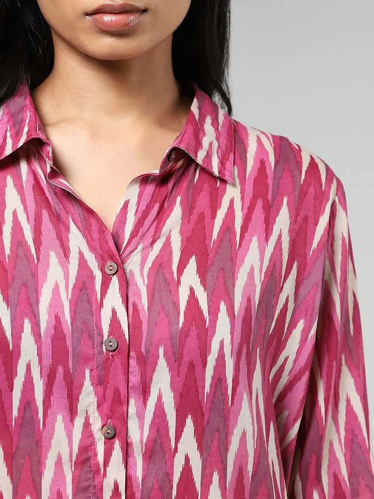 Utsa Magenta Ikkat Chevron Printed Shirt