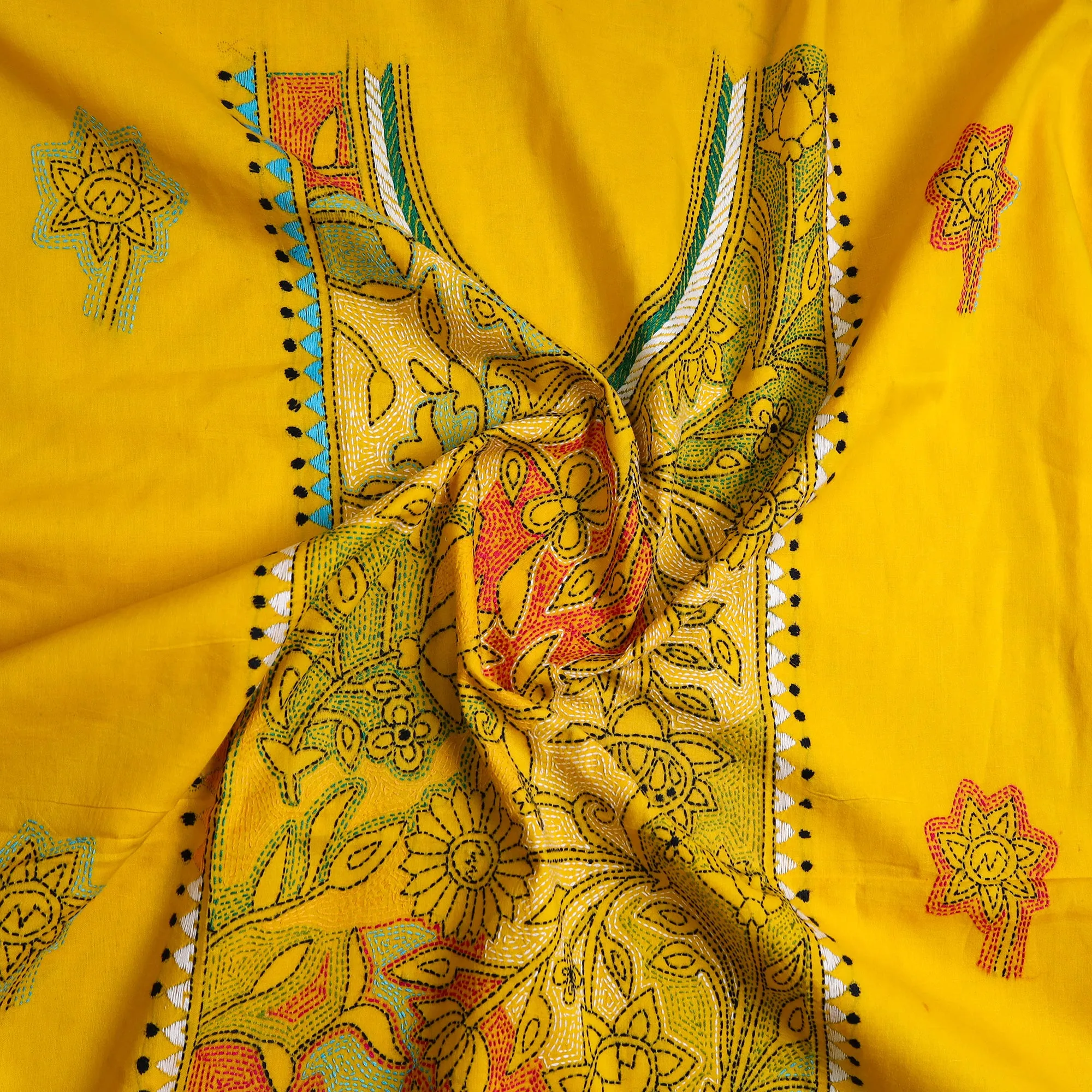 Yellow - Bengal Kantha Embroidery Cotton Kurta Material - (2.8m) 31