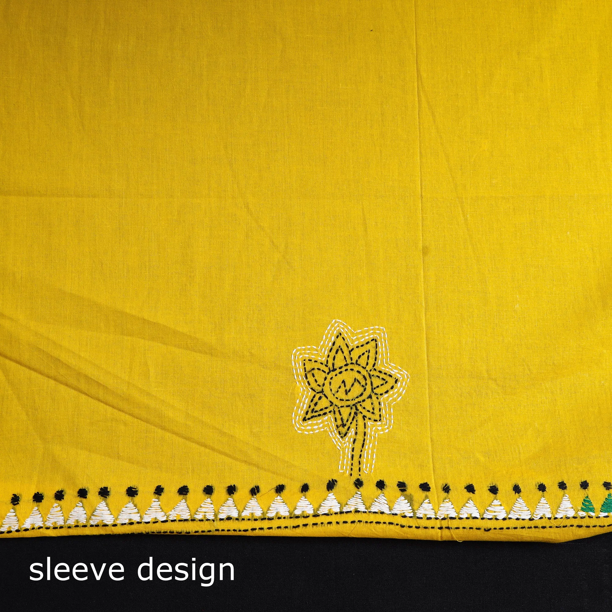 Yellow - Bengal Kantha Embroidery Cotton Kurta Material - (2.8m) 31